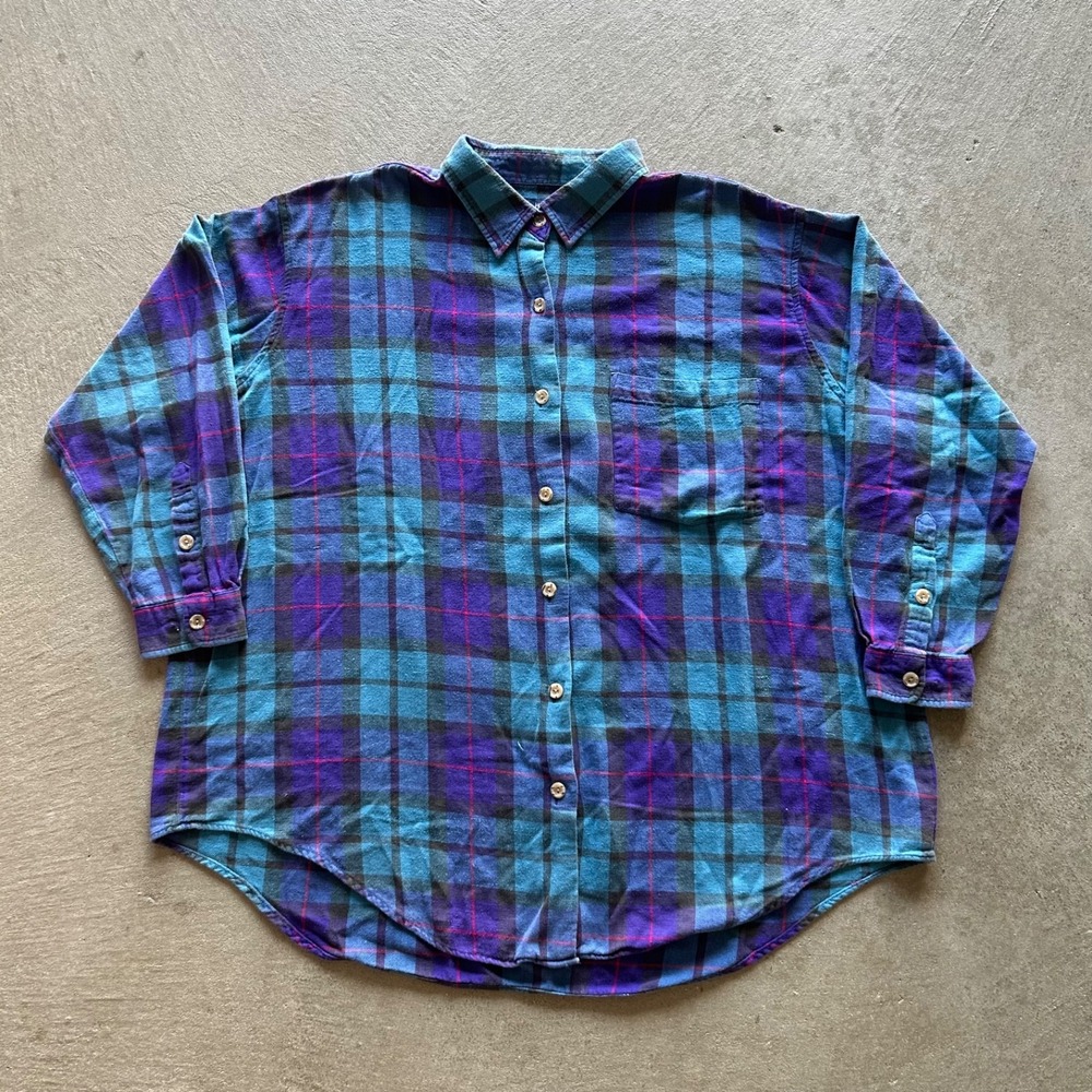 Vintage 90s Honors Plaid Flannel Shirt Mens Womens 22W 24W Teal Purple Oversized